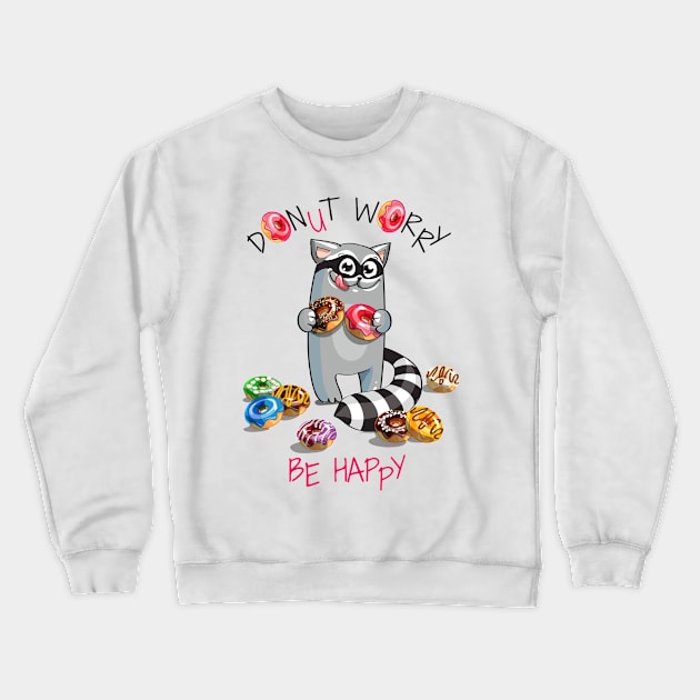 Racoon Donut Worry Crewneck Sweatshirt by Mako Design 